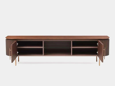 Lantone TV Unit in Walnut finish with curved design, open shelves, and concealed storage.