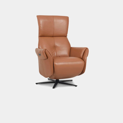 Caramel leather Violin armchair with recline function and black metal base.