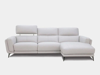 Bello 3.5 Seater Sofa with Chaise in premium fabric, featuring sleek black nickel-plated legs and adjustable backrest, ideal for stylish living spaces.