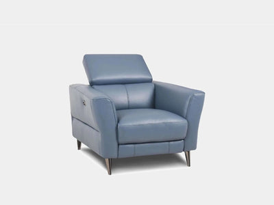 Renee 1 Seater Recliner Sofa in blue leather, elegant design with reclining mechanism.