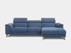 Skye 3.75 Seater Chaise Sofa with Recliner in blue fabric, featuring plush seating and sophisticated design.
