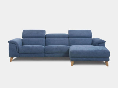 Skye 3.75 Seater Chaise Sofa with Recliner in blue fabric, featuring plush seating and sophisticated design.