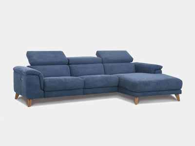Skye 3.75 Seater Chaise Sofa with Recliner in blue fabric, featuring a modern design with spacious seating and wooden legs.