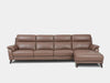 Lenora 5 Seater Chaise Sofa with Recliner in brown leather upholstery.