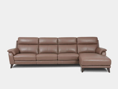 Lenora 5 Seater Chaise Sofa with Recliner in brown leather upholstery.