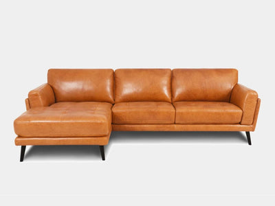 Salem 4 Seater Sofa with Chaise in leather upholstery, featuring elegant design and spacious seating.