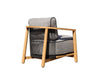 Rear view of Lincoln 1 seater outdoor sofa showing teak frame and black rope detailing