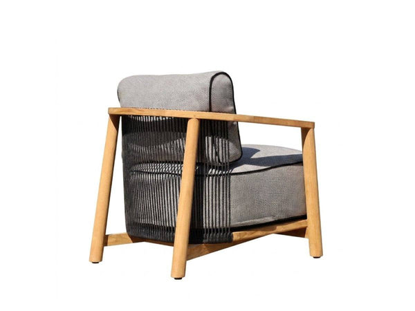 Rear view of Lincoln 1 seater outdoor sofa showing teak frame and black rope detailing