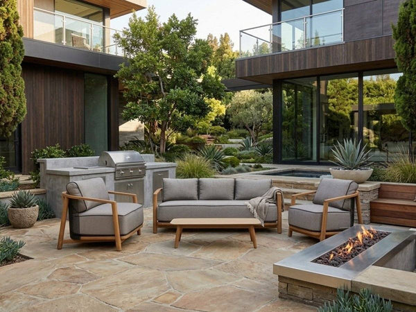 Lincoln outdoor sofa setting with teak frames and grey cushions in a contemporary patio setting