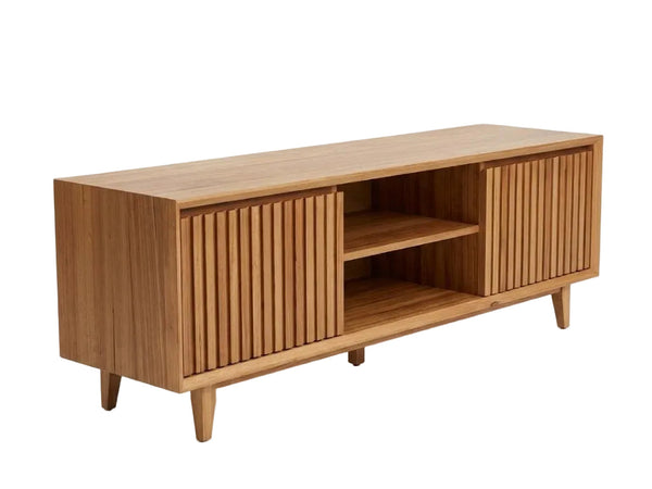 Linear TV unit made of Australian Messmate timber with two shelves and two doors