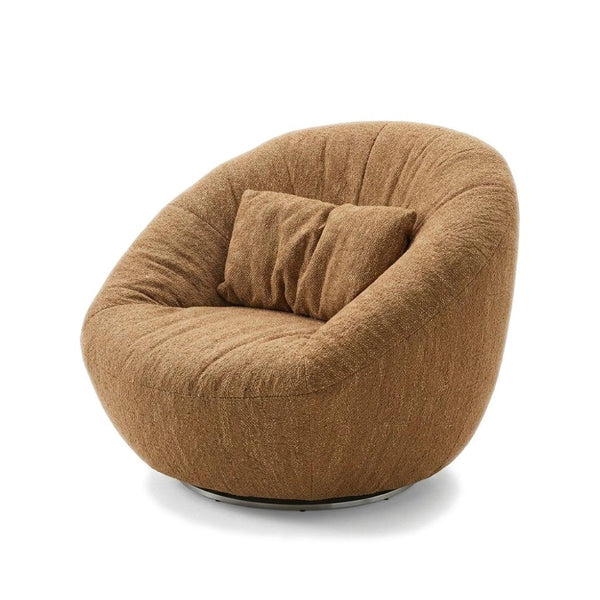 Lora Swivel Armchair with soft curves, cushioned seat, and smooth swivel base in customizable leather and fabric colors