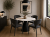 Lugo Ceramic Round Dining Table with ceramic laminate top and black powder-coated steel pedestal base with gold trim in a compact dining space