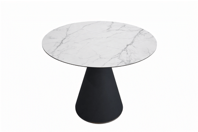 Lugo Ceramic Round Dining Table with black pedestal base and marble ceramic top in compact dining space