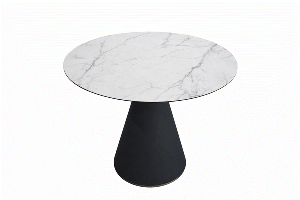 Lugo Ceramic Round Dining Table with black pedestal base and marble ceramic top in compact dining space