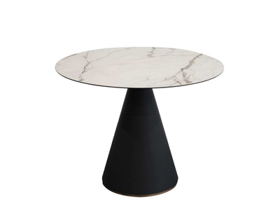 Lugo Ceramic Round Dining Table with tempered glass and ceramic top, black steel pedestal base with gold trim in compact dining space