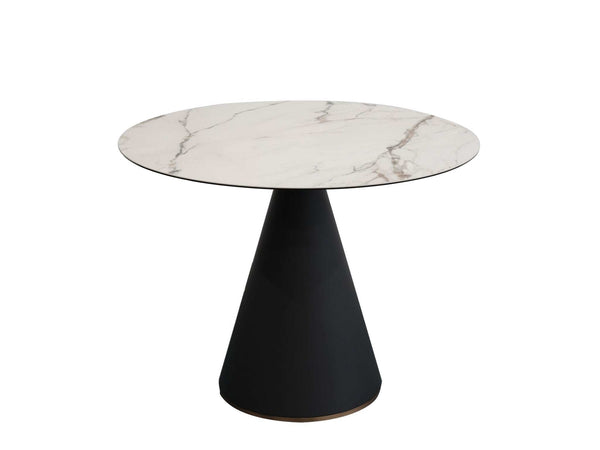 Lugo Ceramic Round Dining Table with tempered glass and ceramic top, black steel pedestal base with gold trim in compact dining space