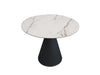 Lugo Ceramic Round Dining Table with tan marble ceramic top and black powder-coated steel pedestal base with gold trim in compact dining space