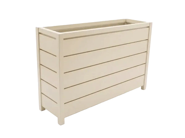 Luzon Aluminium Planter powder-coated aluminium in charcoal white and sand colors with dimensions 130x34x80 cm