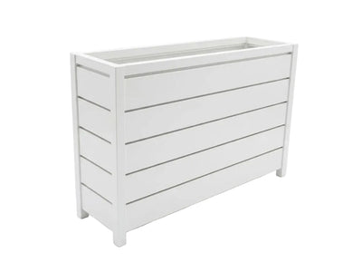 Luzon Aluminium Planter powder-coated in charcoal, white, and sand, measuring W130 x D34 x H80 cm