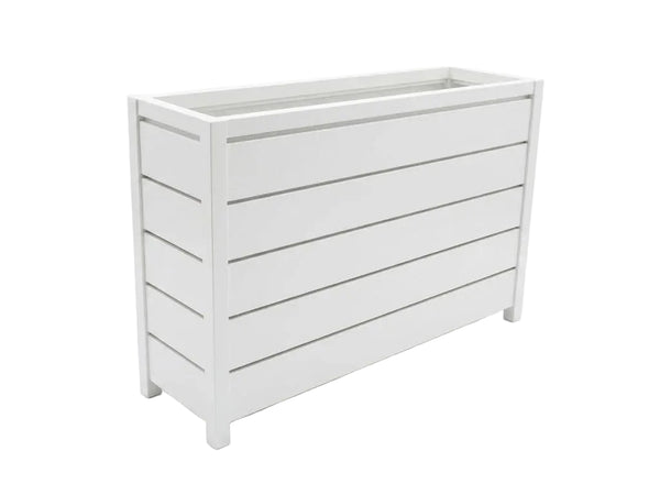 Luzon Aluminium Planter powder-coated in charcoal, white, and sand, measuring W130 x D34 x H80 cm
