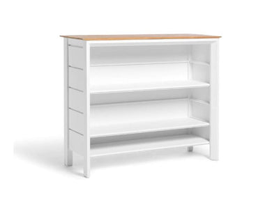 Luzon Outdoor Bar Table with teak top, aluminum frame, and built-in storage shelves for outdoor entertaining
