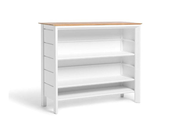 Luzon Outdoor Bar Table with teak top, aluminum frame, and built-in storage shelves for outdoor entertaining