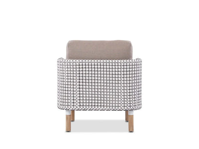 Majorca 1 Seater Outdoor Sofa with handcrafted weaving, solid teak frame, and beige Sunbrella cushions viewed from the back