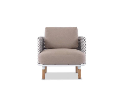 Majorca 1 Seater Outdoor Sofa with solid teak frame, handcrafted weaving, and Quick Dry Foam cushions upholstered in durable Sunbrella fabric