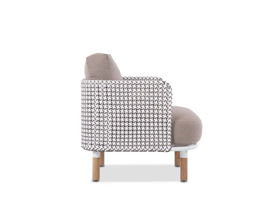 Majorca 1 Seater Outdoor Sofa with solid teak frame, handcrafted weaving, and quick dry foam cushions in Sunbrella fabric, side view