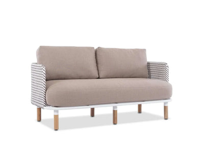 Majorca 2 Seater Outdoor Sofa with handwoven teak frame and beige Quick Dry Foam cushions covered in durable Sunbrella fabric