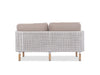 Majorca 2 Seater Outdoor Sofa with handwoven teak frame and beige Sunbrella fabric cushions seen from the back