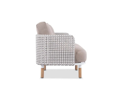 Side view of Majorca 2 Seater Outdoor Sofa with teak base and cushioned Sunbrella fabric upholstery