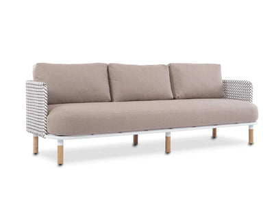 Majorca 3 Seater Outdoor Sofa with teak frame, artisanal woven sides, and beige Sunbrella cushions for all-weather comfort