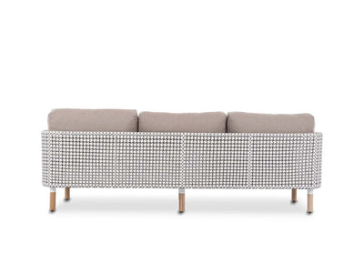 Majorca 3 seater outdoor sofa with solid teak frame, artisanal weave, and Quick Dry Foam cushions in Sunbrella fabric.