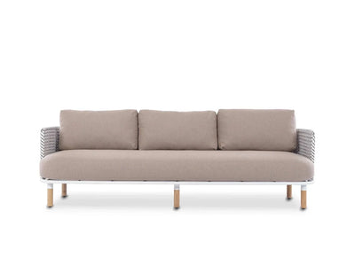 Majorca 3 Seater Outdoor Sofa with solid teak frame, artisanal woven sides, and cushioned seats in Sunbrella fabric for outdoor use