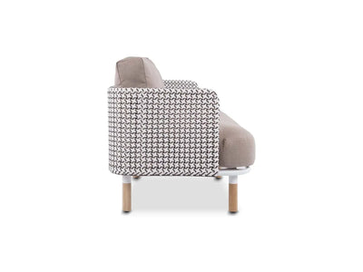 Side view of Majorca 3 Seater Outdoor Sofa with teak legs and woven armrest pattern