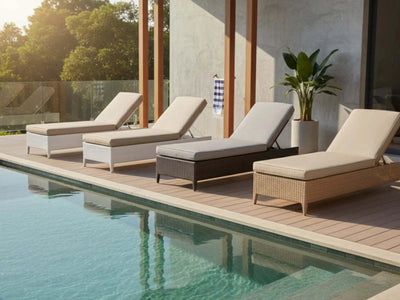 Malibu Sun Lounger synthetic wicker poolside loungers with beige cushions in anthracite, natural kubu, and black & white colors