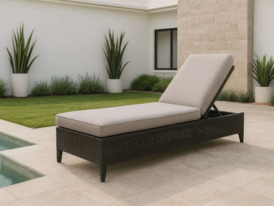 Malibu Sun Lounger with anthracite Rehau synthetic wicker and grey Sunbrella cushion by poolside