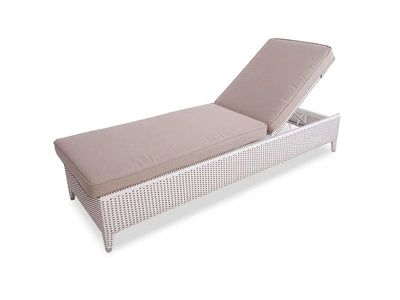 Manhattan Sun Lounger with white and grey synthetic wicker frame and leather grey cushion