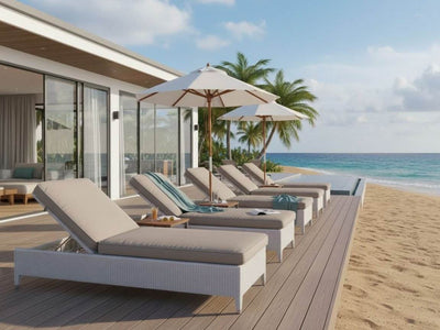 Manhattan Sun Lounger white and grey synthetic wicker with leather grey cushion by the beach deck