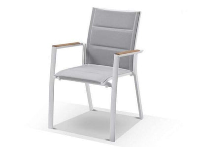 Marbella Outdoor Sling Dining Chair with aluminum frame, teak armrests, in white.