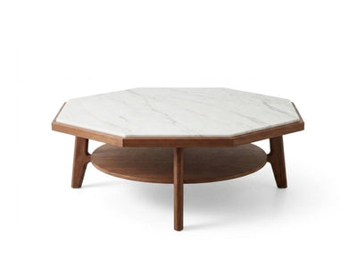Marconi Marble Coffee Table with white marble top and walnut legs, 1050x1050x360 mm dimensions