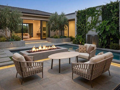 Matino 4-piece outdoor lounge set beside a pool and fire pit
