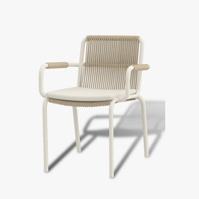 Maui Outdoor Arm Dining Chair with woven polyester ropes and aluminum frame.