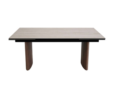 Mawson Twin Extendable Dining Table with tempered glass and ceramic top, walnut veneer legs, and powder-coated steel frame in travertine color.