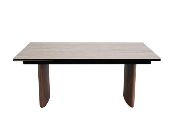 Mawson Twin Extendable Dining Table with tempered glass and ceramic top, walnut veneer legs, and powder-coated steel frame in travertine color.