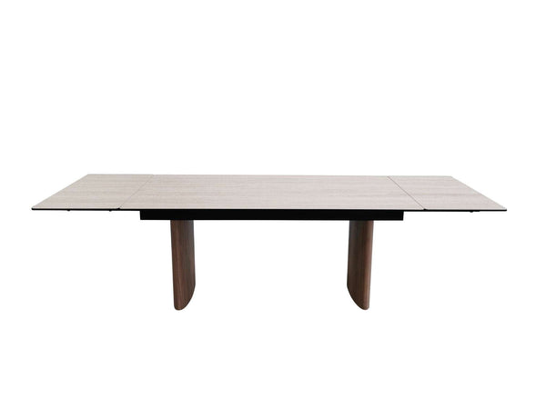 Mawson Twin Extendable Dining Table with tempered glass and ceramic travertine top, walnut veneer legs, and powder-coated steel frame