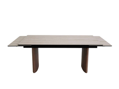Mawson Twin Extendable Dining Table with tempered glass ceramic top and walnut veneer legs in travertine color