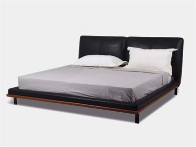 Mayfair Bed Frame in premium leather, low platform design, black upholstery, contemporary bedroom furniture.