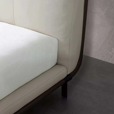 Mayfair Bed Frame with upholstered headboard in premium leather, showcasing minimalist design and sleek lines.